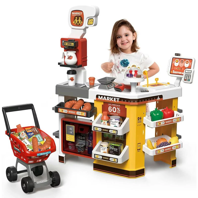 65PCS Supermarket Cart Toys Play Set Role Play Cash Register Pretend Interactive Grocery Stand Store Simulate Light Music and Smoking for Kids