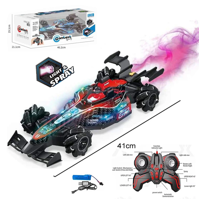 Remote Control RC Formula Stunt Car Outdoor Multifunctional 360 Rotation Lighting Spray-Effect RC Toy Car Scale 1:10