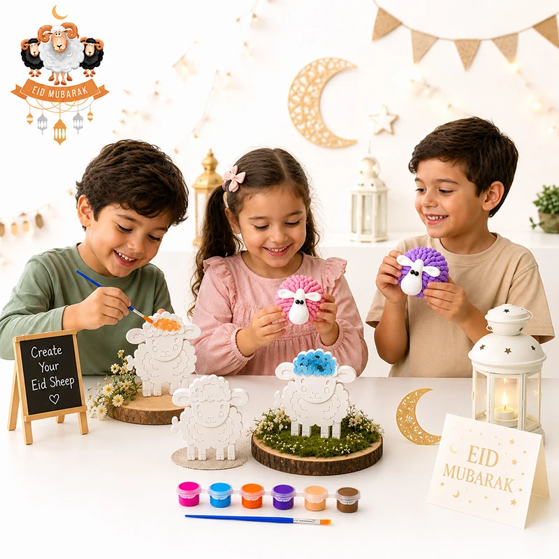 Eid al-Adha Sheep Painting Kit for Kids – 3 DIY Gypsum & Plaster Sheep Figures with Paints and Brush – Creative Art Activity – Suitable for Ages 3+