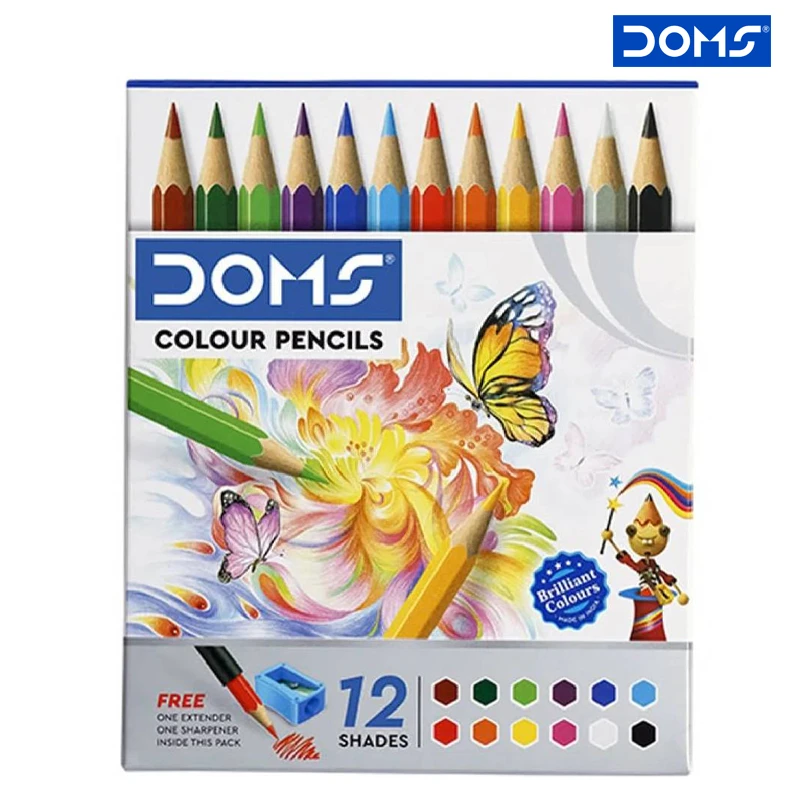 DOMS Wood Colour Pencils 12 Colors 8.5 cm LOng With Free Sharpener & Pencil extender (3443)