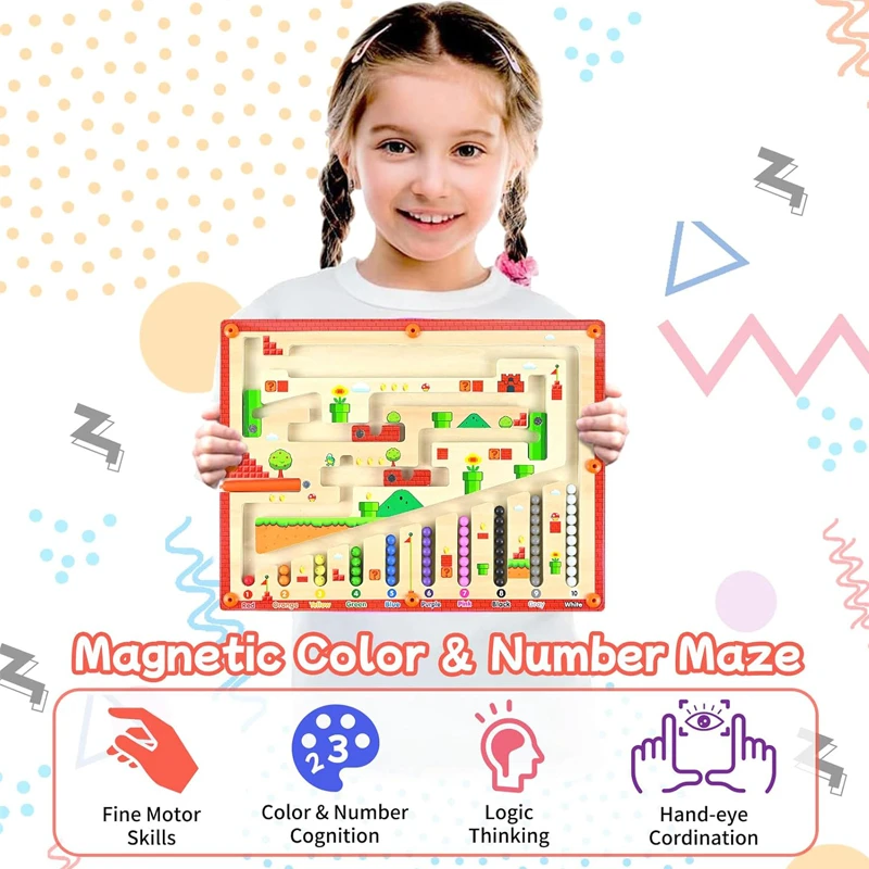 Educational Color & Number Magnetic  Maze Board Wooden Protected With Acrylic Cover 2 Ways To Play Board Size 29 x 22 cm
