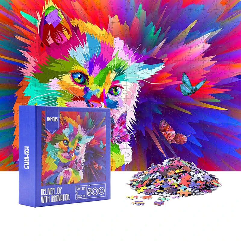 HXMARS Colorful Cat Jigsaw Puzzle 500 Pieces – Artistic Animal Puzzle for Teens & Adults – 52 × 38 cm – Ages 14+