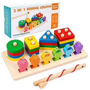 2-in-1 Wooden Montessori Magnetic Fishing, Shape Sorting & Stacking Toy – 24 Pieces – Educational Puzzle for Kids 18+ Months