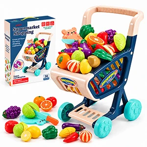 Kids Supermarket Shopping Cart Playset with 36 PCS Pretend Food Set, Fruits, Vegetables & Cuttable Food, Smooth-Rolling Wheels, Size 40 × 31 × 23.5 cm, Ages 3+