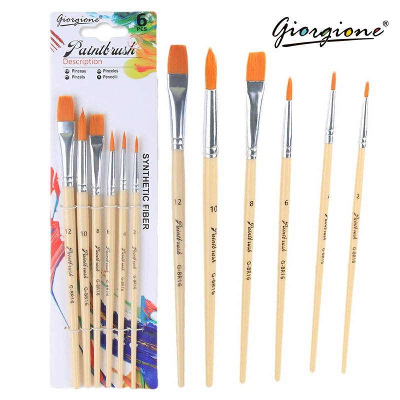 Giorgione Artist Paint Brush Set Of 6 Nylon Bristles Round & Flat Paint Brushes 2-4-6-8-10-12 (G-BR16)