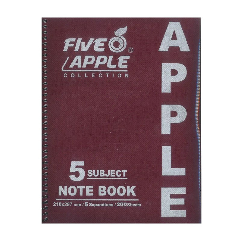 Five Apple Spiral Notebook Plastic Cover Large 5 Subjects 21 X 29.7 200 Sheets