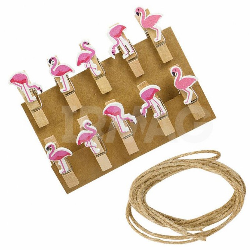 Wood Clips Clothespins, Flamingo Shape For Craft 3.5 cm (10 Pcs + Cord)