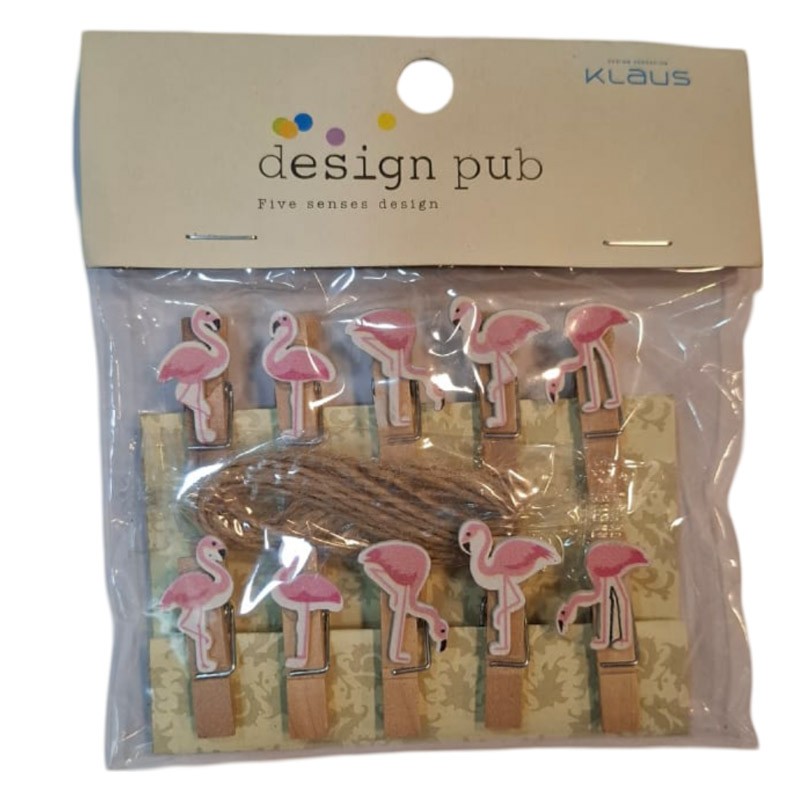 Wood Clips Clothespins, Flamingo Shape For Craft 3.5 cm (10 Pcs + Cord)