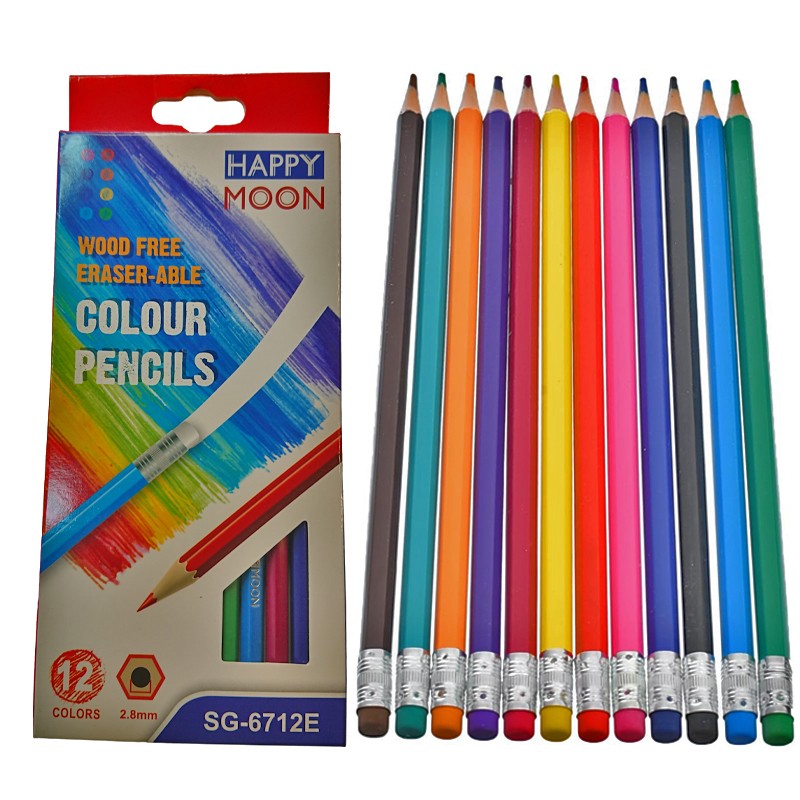 HAPPY MOON Wood Free Hexagon Colour Pencil Pack Of 12 Colors With Eraser (SG-6712E)