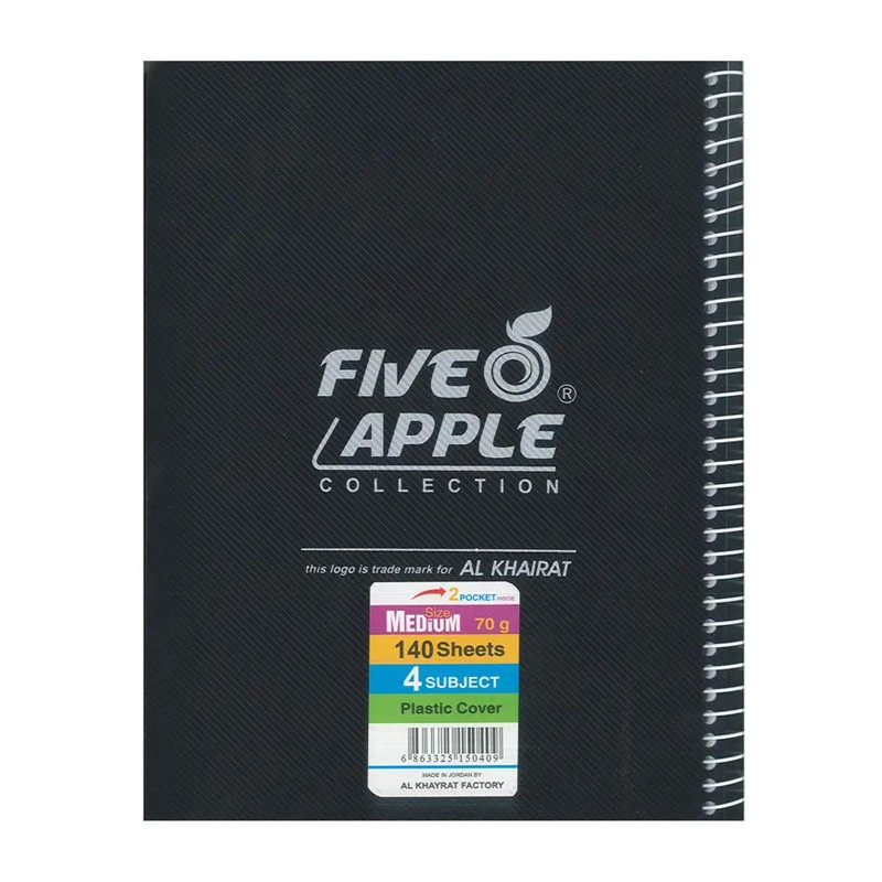 Five Apple Spiral Notebook Plastic Cover Medium 4 Subjects 20.5 X 27 cm 140 Sheets