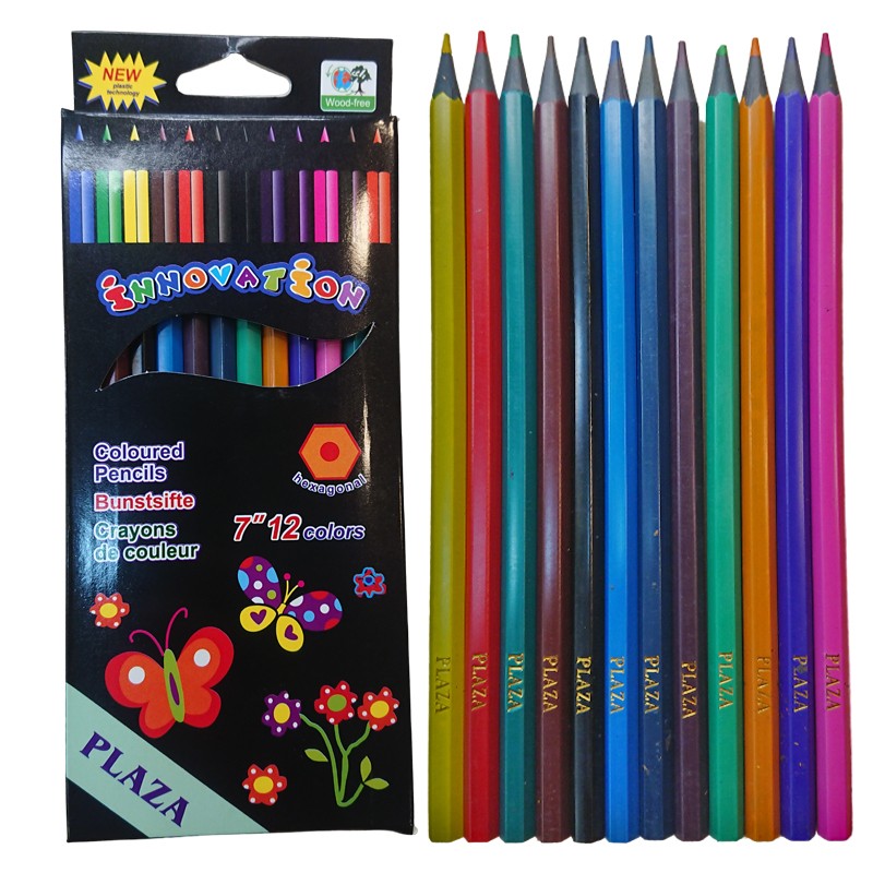 PLAZA Wood Free Hexagon 12 Coloured Pencils 17.5 cm