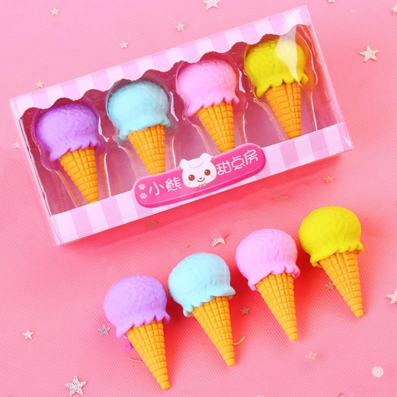 Soft Eraser Ice Cream Shape  Pack Of 4 Pcs