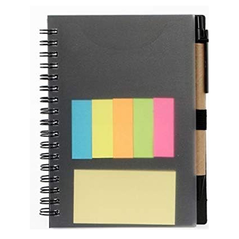 Black  Spiral Notebook Plastic Cover With Sticky Notes , Index Tabs Flags &  Pen Size 17.8 x 15 cm