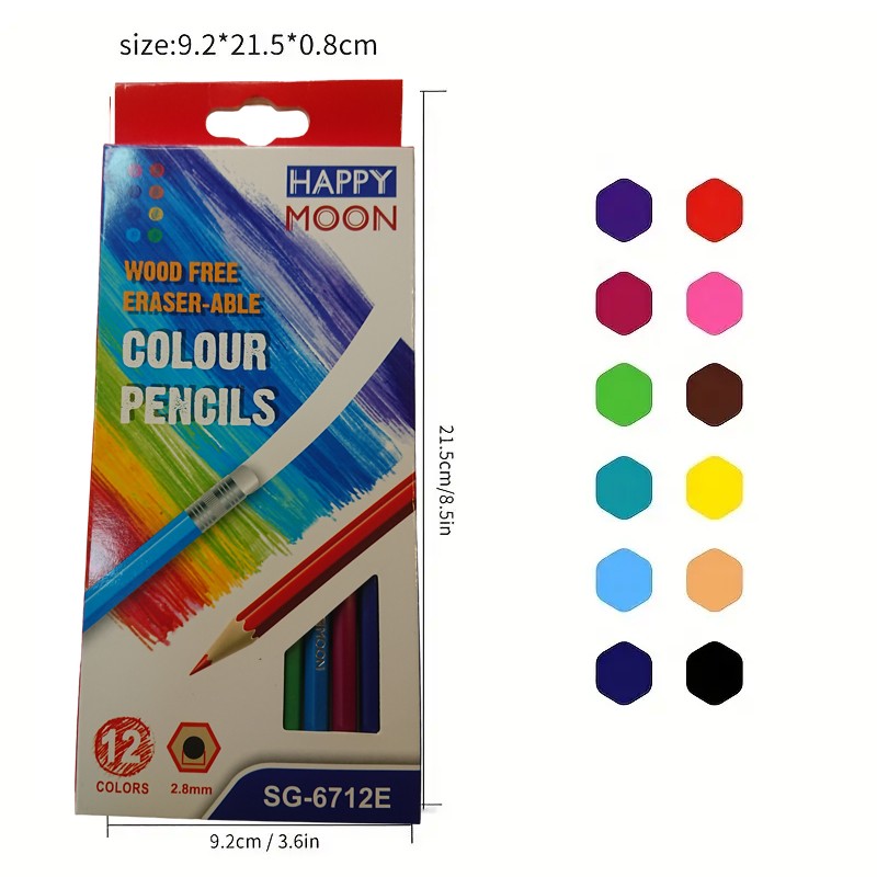 HAPPY MOON Wood Free Hexagon Colour Pencil Pack Of 12 Colors With Eraser (SG-6712E)