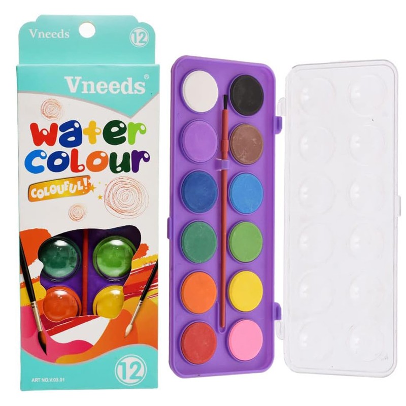 Vneeds Colorful Round Water Colour With Paint Brush Set Of 12 Colors (V.03.03)