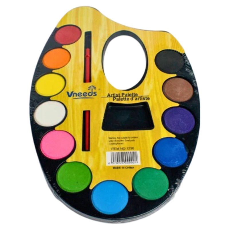 Vneeds Colorful Artist Palette Round Water Colour 12 Colours 4 cm Diameter With Brush (1240)