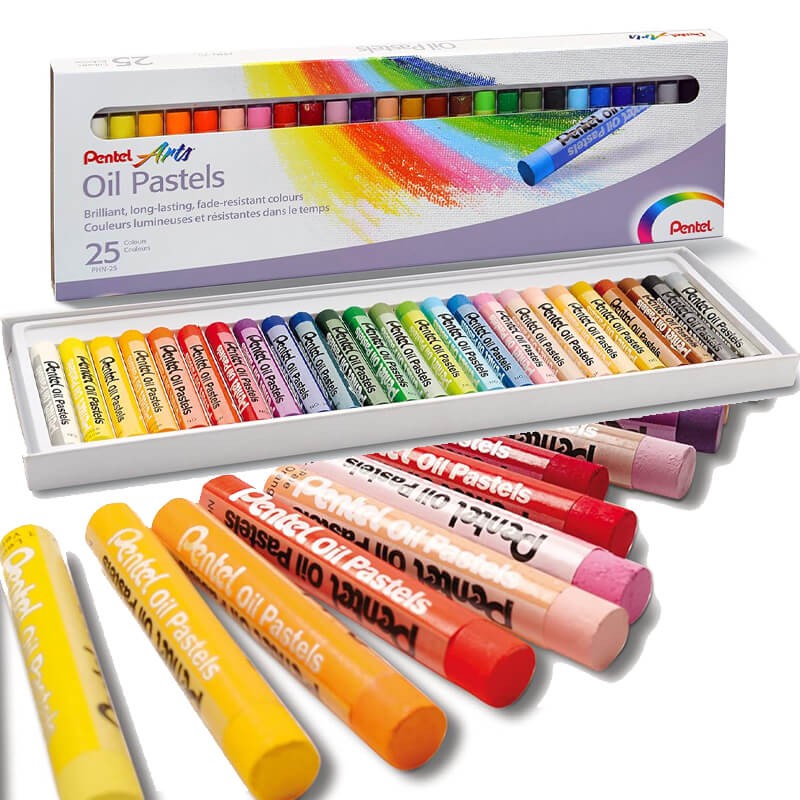 Pentel Arts Crayons Oil Pastels, Assorted colours, 1 pack of 25 sticks (PHN-25)