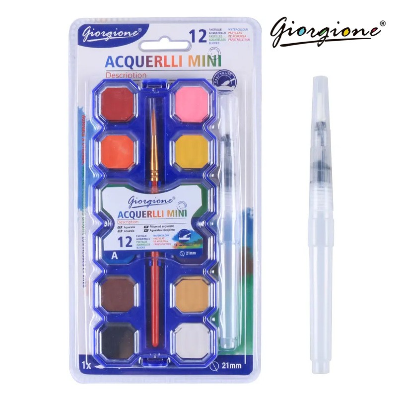 Giorgione Acquerlli Mini Solid Water Colouers With Brush & Pen 12 Colors (G-SC-M12)
