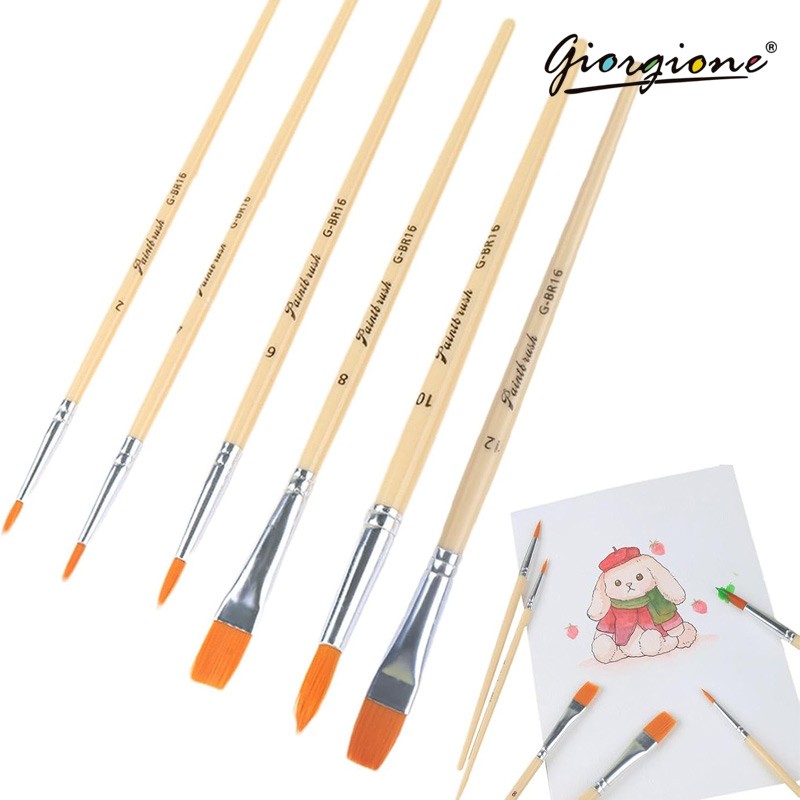 Giorgione Artist Paint Brush Set Of 6 Nylon Bristles Round & Flat Paint Brushes 2-4-6-8-10-12 (G-BR16)