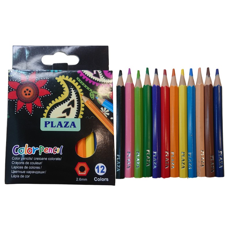 PLAZA Wood Free Hexagon 12 Coloured Pencils 9 cm