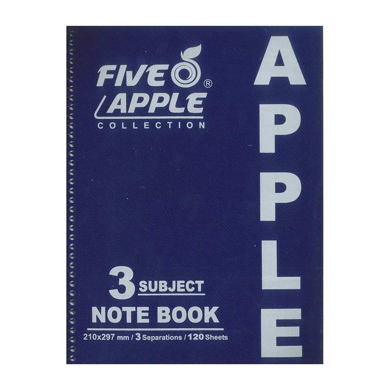 Five Apple Spiral Notebook Plastic Cover Large 3 Subjects 21 X 29.7 cm 120 Sheets