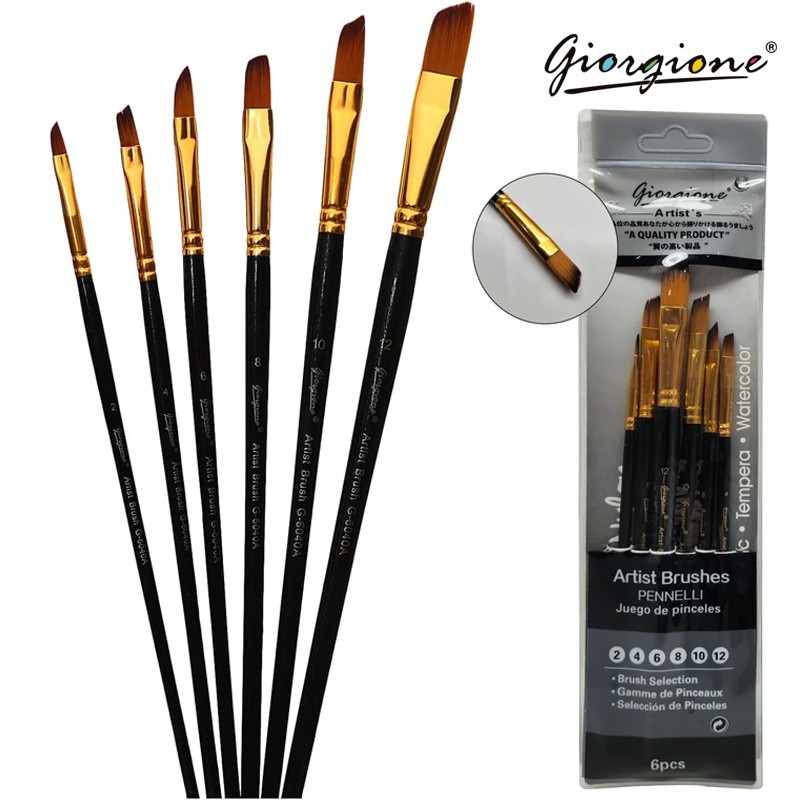 Giorgione Artist Paint Brush Set Of 6 Angular Paint Brushes 2-4-6-8-10-12 (G-6040A)